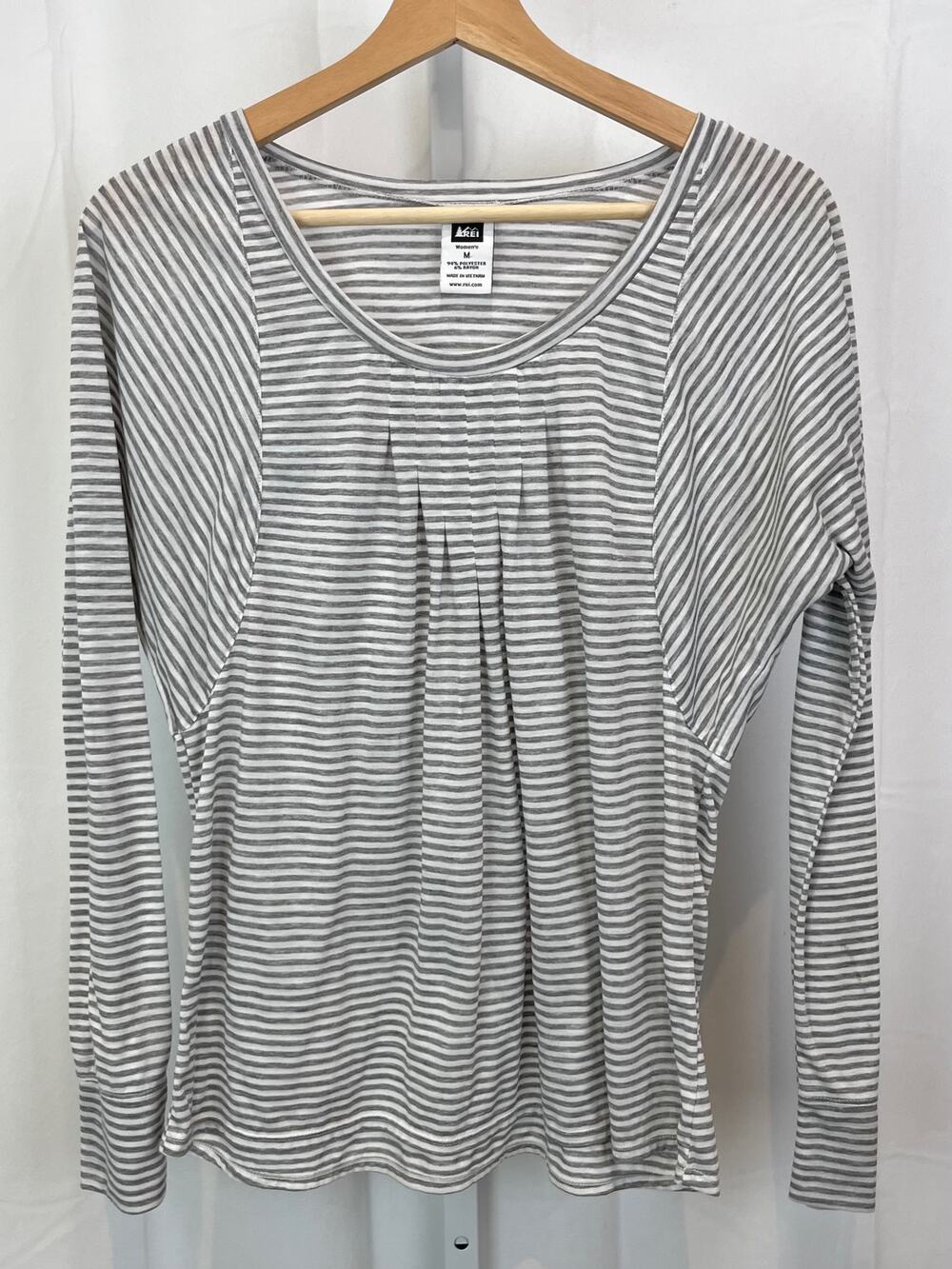 REI Womens Striped Dolman Long Sleeve Top Size M Pleat Front Gray White